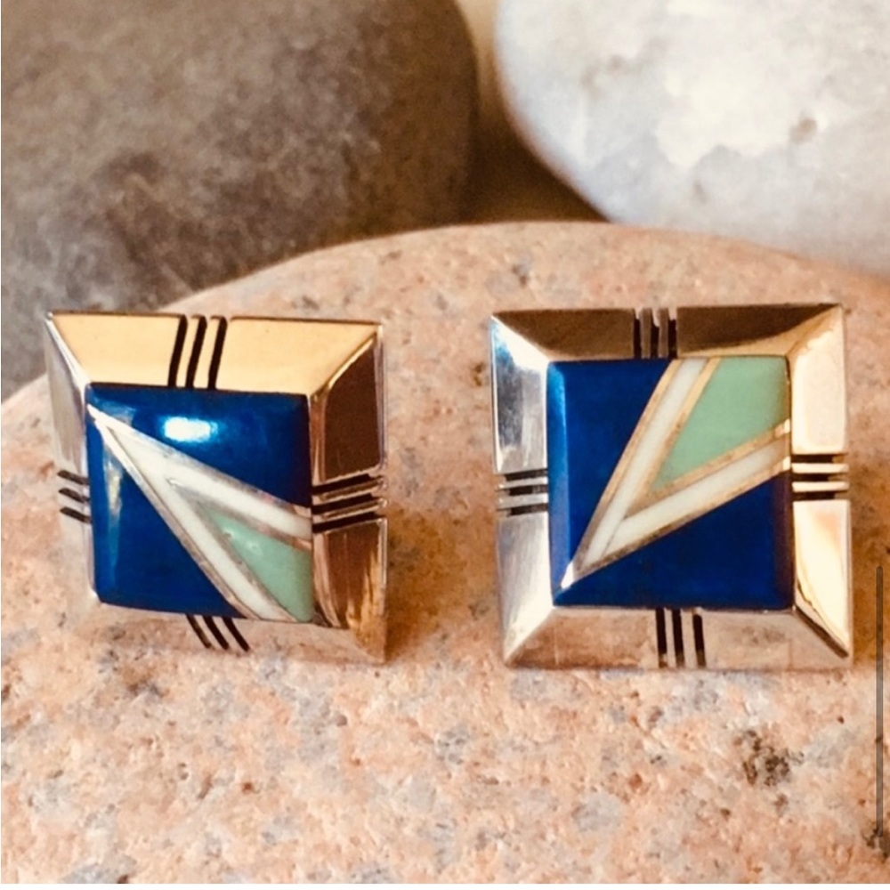 Vintage Gilbert Nelson Native American Lapis Turquoise Navajo Earrings - Picture 4 of 14